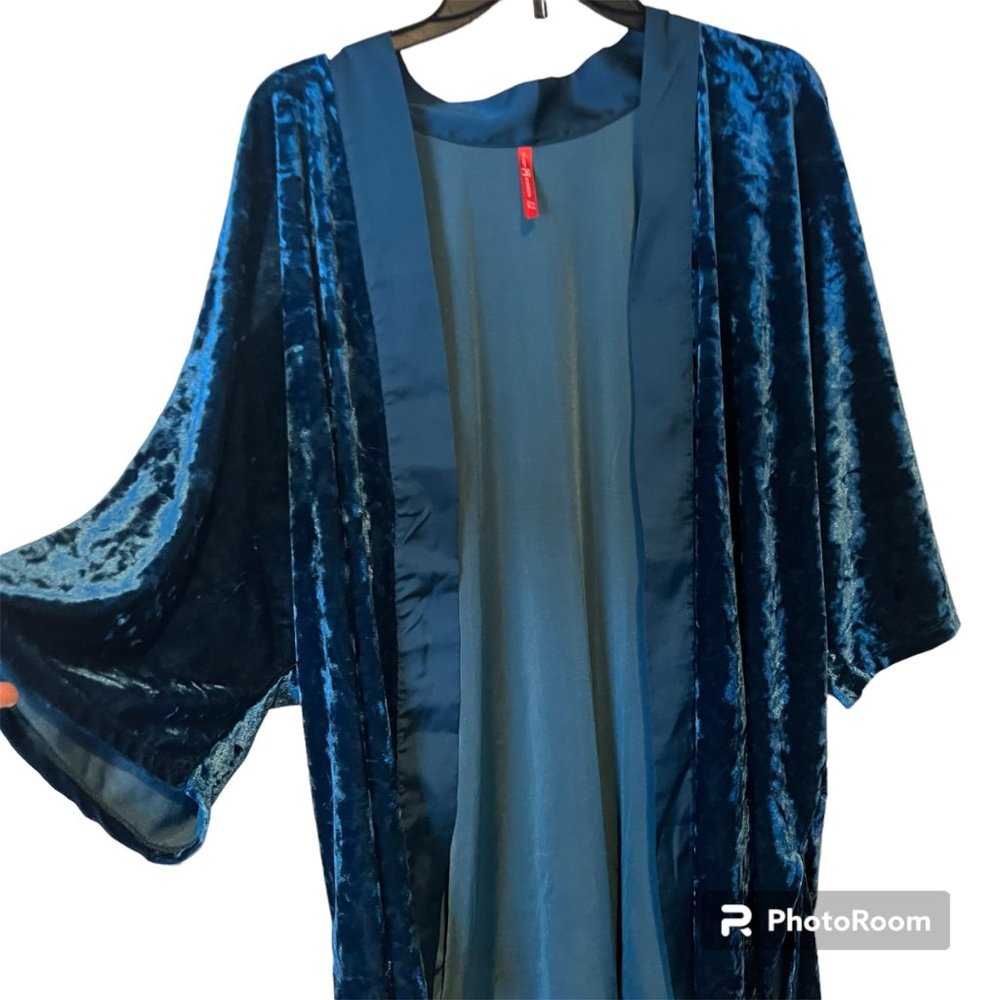 Ruby Ribbon Cardigan Womens One Size Kimono Cold Shoulder Blue Faux Velvet